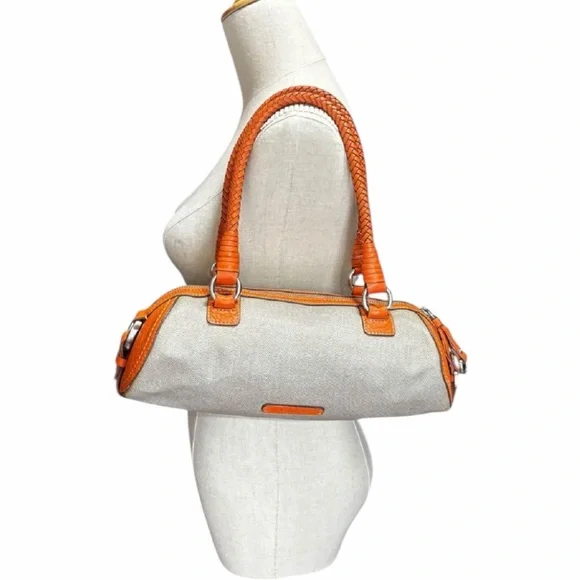 Cole Han Gray Canvas Orange Leather Barrel Satchel - Picture 4 of 16